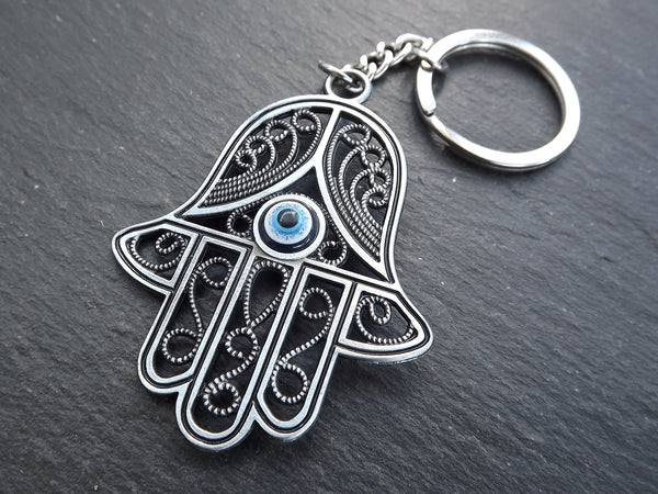 Evil Eye Hamsa Keychain, Hamsa Hand Keyring, Hand Of Fatima, Lucky Keychain