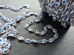 Evil Eye Chain, Moving Glass Beads, Marquee Crimped Link Chain 13x7mm, DIY Jewelry Making, Shiny Silver Plated Brass, Large, 50cm