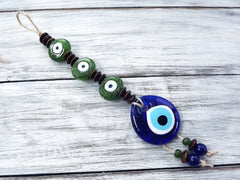 Green Brown Turkish Evil Eye Wall Hanging Home Garden Decoration with Evileye Traditional Artisan Beads - No:50