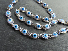 Evil Eye Chain, Moving Glass Beads, Marquee Crimped Link Chain 13x7mm, DIY Jewelry Making, Shiny Silver Plated Brass, Large, 50cm