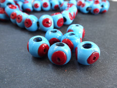Sky Blue Glass Evil Eye Beads, Chunky Rondelle, Red Eye, Rustic Traditional Turkish Artisan Handmade, Lucky Protective Navy Nazar Beads