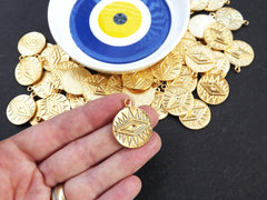 All Seeing Eye Pendant, All Seeing Eye Charm, Evil Eye, 22k Matte Gold, 2pc