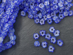 Royal Blue Zig Zag Line Frosty Translucent Pinched Wave Artisan Handmade Glass Bead - 15 x 12mm - 10pcs