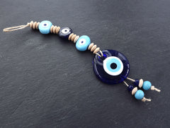 Sky Blue Navy Turkish Evil Eye Wall Hanging Home Garden Decoration with Evileye Traditional Artisan Beads - No:51