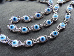 Evil Eye Chain, Moving Glass Beads, Marquee Crimped Link Chain 13x7mm, DIY Jewelry Making, Shiny Silver Plated Brass, Large, 50cm