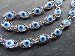 Evil Eye Chain, Moving Glass Beads, Marquee Crimped Link Chain 13x7mm, DIY Jewelry Making, Shiny Silver Plated Brass, Large, 50cm