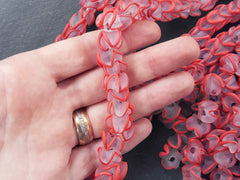 Poppy Red Zig Zag Line Frosty Translucent Pinched Wave Artisan Handmade Glass Bead - 15 x 12mm - 10pcs