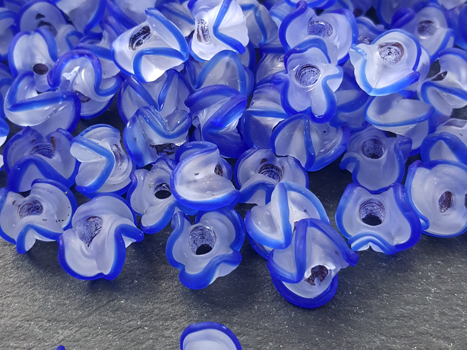 Royal Blue Zig Zag Line Frosty Translucent Pinched Wave Artisan Handmade Glass Bead - 15 x 12mm - 10pcs Royal Blue Zig Zag Line Frosty Translucent Pinched Wave Artisan Handmade Glass Bead - 15 x 12mm - 10pcs