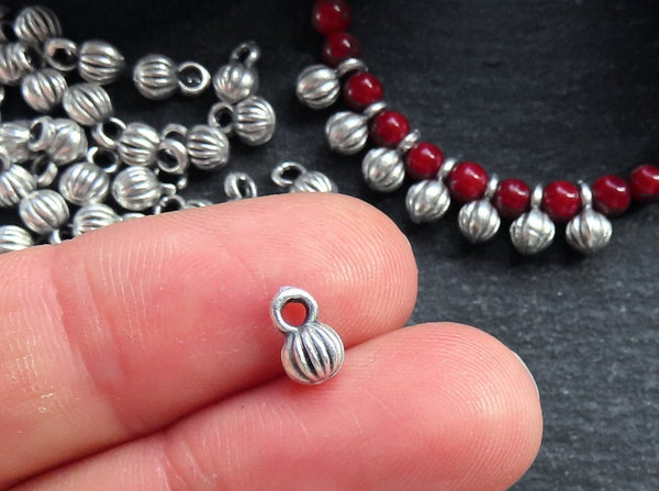 Round Ribbed Gold Ball Drop Charms, Drop Charms, Beading Charms, Textured Ball Charms, Bracelet Charms, Matte Antique Silver Plated 20pcs
