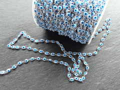 Evil Eye Chain, Moving Glass Beads, Marquee Crimped Link Chain 7x4.5mm, DIY Jewelry Making, Shiny Silver Plated Brass, Small, 50cm