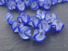 Royal Blue Zig Zag Line Frosty Translucent Pinched Wave Artisan Handmade Glass Bead - 15 x 12mm - 10pcs