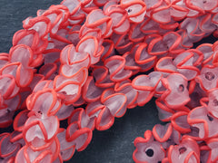 Poppy Red Zig Zag Line Frosty Translucent Pinched Wave Artisan Handmade Glass Bead - 15 x 12mm - 10pcs