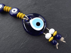 Evil Eye Wall Hanging, Yellow, Navy Blue, Turkish Evil Eye, Lucky, Protective, Wall Hanging, Home Decor, Garden Decoration, Artisan
