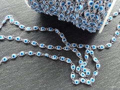 Evil Eye Chain, Moving Glass Beads, Marquee Crimped Link Chain 7x4.5mm, DIY Jewelry Making, Shiny Silver Plated Brass, Small, 50cm