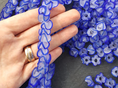 Royal Blue Zig Zag Line Frosty Translucent Pinched Wave Artisan Handmade Glass Bead - 15 x 12mm - 10pcs