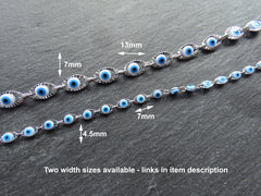 Evil Eye Chain, Moving Glass Beads, Marquee Crimped Link Chain 7x4.5mm, DIY Jewelry Making, Shiny Silver Plated Brass, Small, 50cm