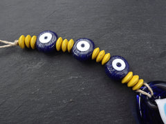 Evil Eye Wall Hanging, Yellow, Navy Blue, Turkish Evil Eye, Lucky, Protective, Wall Hanging, Home Decor, Garden Decoration, Artisan