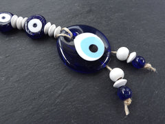 Evil Eye Wall Hanging, White, Navy Blue, Turkish Evil Eye, Lucky, Protective, Wall Hanging, Home Decor, Garden Decoration, Artisan,