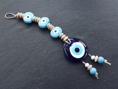 Sky Blue Navy Turkish Evil Eye Wall Hanging Home Garden Decoration with Evileye Traditional Artisan Beads - No:52