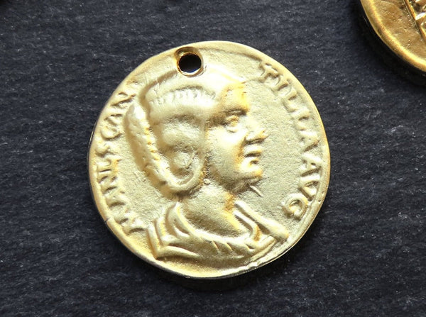Gold Roman Coin Pendant Charm, Julia Domna Replica Coin Medallion, Ancient Greek Coin, 22k Matte Gold Plated, 1pc