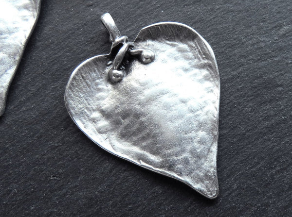 Large Rustic Heart Leaf Pendant, Artisan Handmade Focal Pendant, Matte Antique Silver Plated, 1pc