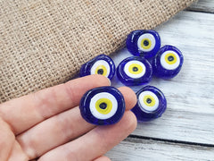 6 Navy Blue Evil Eye Nazar Glass Bead Yellow Iris Traditional Turkish Handmade Protective Lucky Amulet 26 mm VALUE PACK Turkish Glass Beads