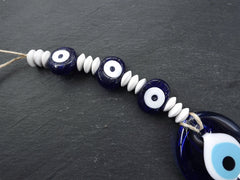 Evil Eye Wall Hanging, White, Navy Blue, Turkish Evil Eye, Lucky, Protective, Wall Hanging, Home Decor, Garden Decoration, Artisan,