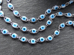 Evil Eye Chain, Moving Glass Beads, Marquee Crimped Link Chain 7x4.5mm, DIY Jewelry Making, Shiny Silver Plated Brass, Small, 50cm