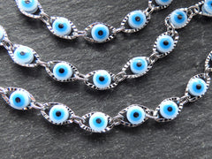 Evil Eye Chain, Moving Glass Beads, Marquee Crimped Link Chain 7x4.5mm, DIY Jewelry Making, Shiny Silver Plated Brass, Small, 50cm