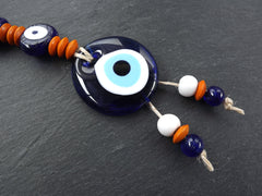 Evil Eye Wall Hanging, Orange, Navy Blue, Turkish Evil Eye, Lucky, Protective, Wall Hanging, Home Decor, Garden Decoration, Artisan