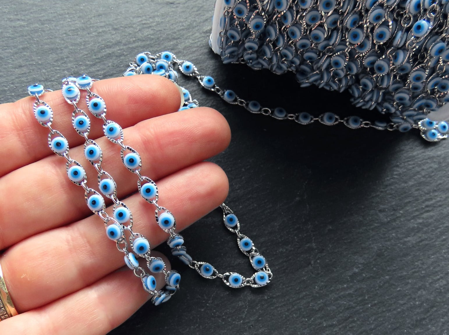 Evil Eye Chain, Moving Glass Beads, Marquee Crimped Link Chain 7x4.5mm, DIY Jewelry Making, Shiny Silver Plated Brass, Small, 50cm Evil Eye Chain, Moving Glass Beads, Marquee Crimped Link Chain 7x4.5mm, DIY Jewelry Making, Shiny Silver Plated Brass, Small, 50cm