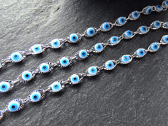 Evil Eye Chain, Moving Glass Beads, Marquee Crimped Link Chain 7x4.5mm, DIY Jewelry Making, Shiny Silver Plated Brass, Small, 50cm