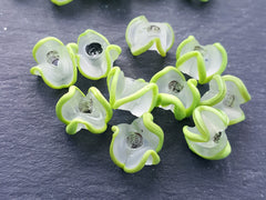 Lime Green Zig Zag Line Frosty Translucent Pinched Wave Artisan Handmade Glass Bead - 15 x 12mm - 10pcs