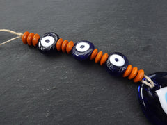 Evil Eye Wall Hanging, Orange, Navy Blue, Turkish Evil Eye, Lucky, Protective, Wall Hanging, Home Decor, Garden Decoration, Artisan
