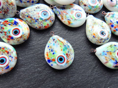 Glass Evil Eye Charm Pendant, Rainbow Multicolor Spotted Evil Eye Teardrop, Lampwork, Amulet, Protective, Lucky, OOAK Handmade, 1pc