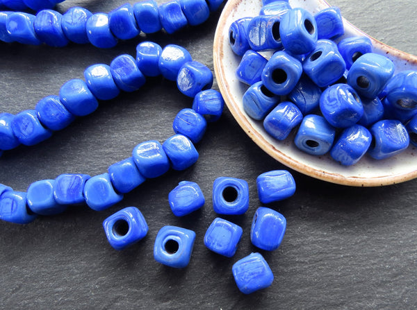 10mm Cornflower Orchid Blue Glass Cube Square Beads, Rustic Traditional Turkish Artisan Handmade Beads, Turkish Glass Beads