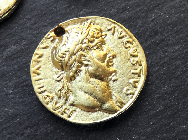 Greek Coin Pendant Gold Frame Bezel, Domitian Caesar Replica Coin, Medallion Charm, Ancient Greek Coin,, 22k Matte Gold Plated, 1pc