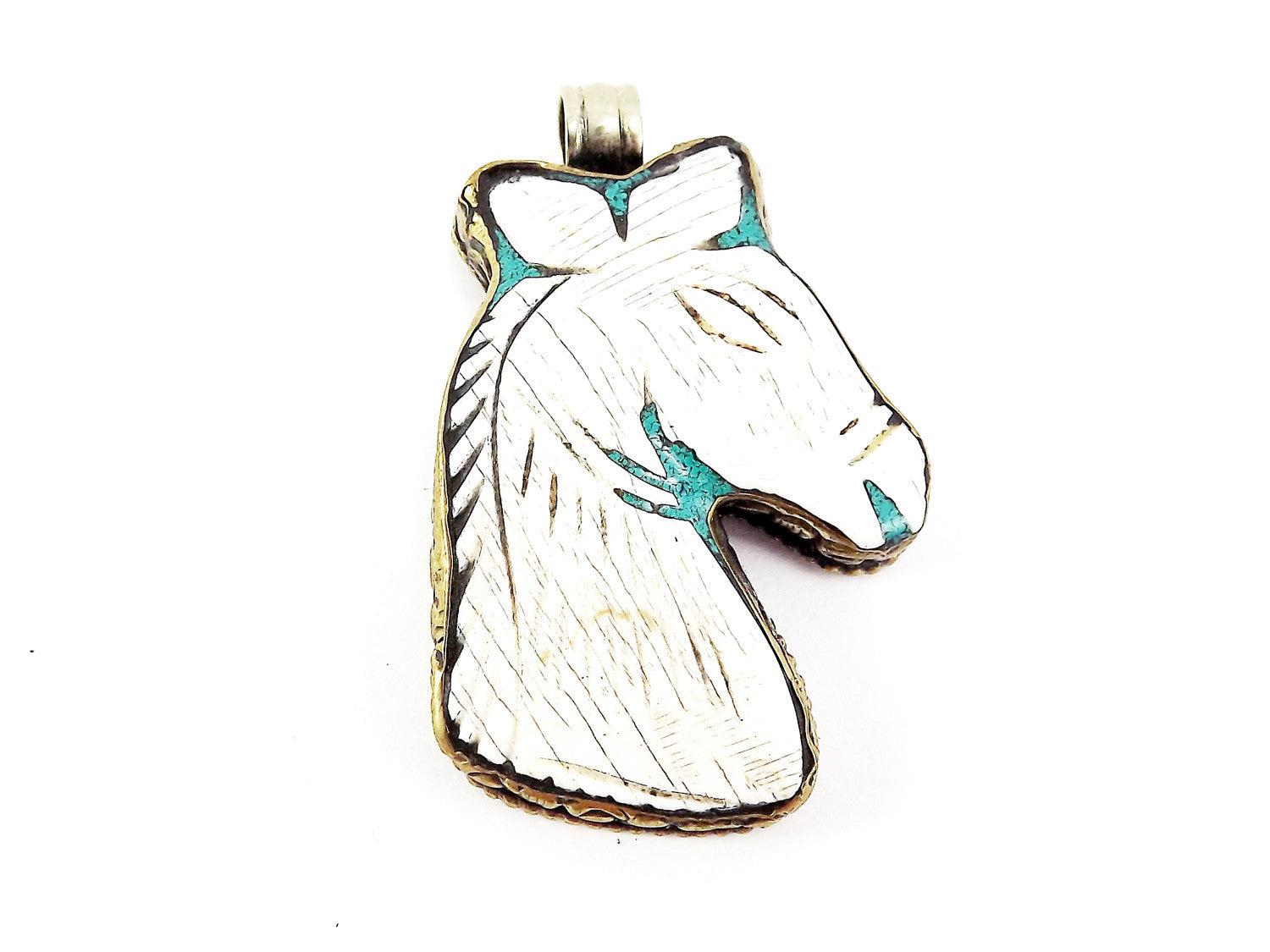 Large Carved Conch Shell Horse Tribal Pendant - Nepalese Handmade - Antique Brass Large Carved Conch Shell Horse Tribal Pendant - Nepalese Handmade - Antique Brass