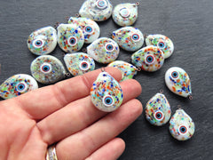 Glass Evil Eye Charm Pendant, Rainbow Multicolor Spotted Evil Eye Teardrop, Lampwork, Amulet, Protective, Lucky, OOAK Handmade, 1pc