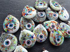 Glass Evil Eye Charm Pendant, Rainbow Multicolor Spotted Evil Eye Teardrop, Lampwork, Amulet, Protective, Lucky, OOAK Handmade, 1pc