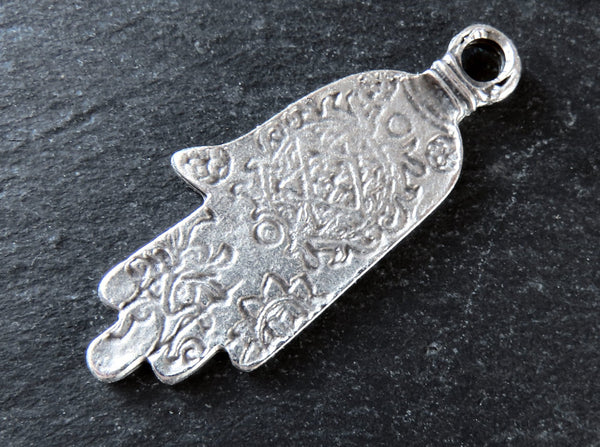 Silver Hamsa Pendant, Mandala Hamsa Hand, Hand of Fatima, Reversible Pendant, Buddha Hamsa Hand, Matte Antique Silver Plated, 1PC