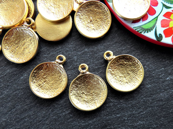 3 Gold Disc Charms, Dome Charm Pendants, Round Charms, Convex Curve Pendant Base for Cold Enamel or Epoxy, 22k Matte Gold Plated