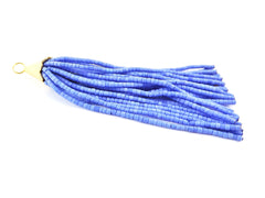Cornflower Blue Afghan Tibetan Heishi Tube Beaded Tassel - Handmade - Textured 22k Matte Gold Plated Cap - 92mm = 3.62inches -1PC