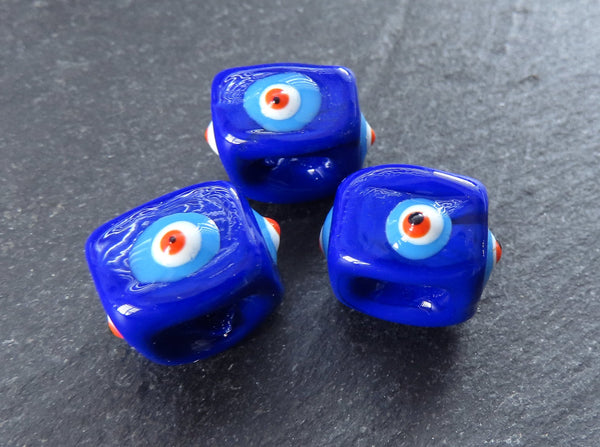 Royal Blue Square Evil Eye Beads, Protective Turkish Nazar, Good Luck Bead, 10mm, 3pc