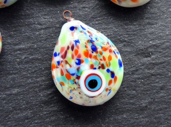 Glass Evil Eye Charm Pendant, Rainbow Multicolor Spotted Evil Eye Teardrop, Lampwork, Amulet, Protective, Lucky, OOAK Handmade, 1pc