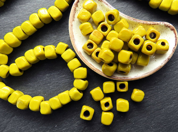 10mm Yellow Glass Cube Square Beads, Rustic Traditional Turkish Artisan Handmade Beads, Turkish Glass Beads