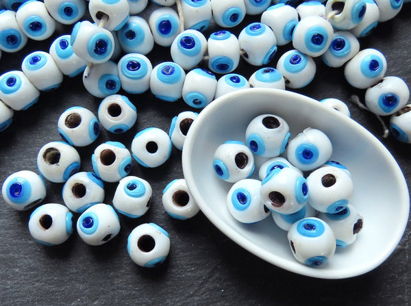 10 White Glass Evil Eye Beads, Chunky Rondelle Artisan Handmade Lucky Protective Navy Nazar Beads, 12x14mm