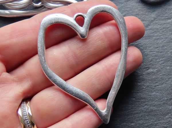 NEW Large Organic Heart Shape Loop Link Pendant Smooth Frame Jewelry Making Supplies Findings, Silver Heart, Matte Antique Silver Plated 1pc