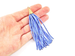 Cornflower Blue Afghan Tibetan Heishi Tube Beaded Tassel - Handmade - Textured 22k Matte Gold Plated Cap - 92mm = 3.62inches -1PC