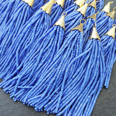 Cornflower Blue Afghan Tibetan Heishi Tube Beaded Tassel - Handmade - Textured 22k Matte Gold Plated Cap - 92mm = 3.62inches -1PC